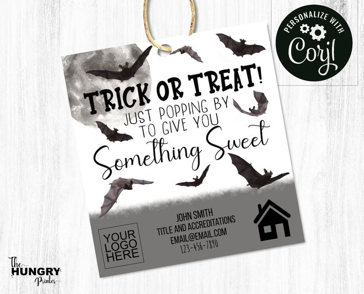 a trick or treat bag with bats on it and a tag that says,'trick or treat just popping by to give you something sweet