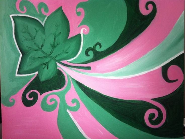 a painting with green leaves and pink swirls