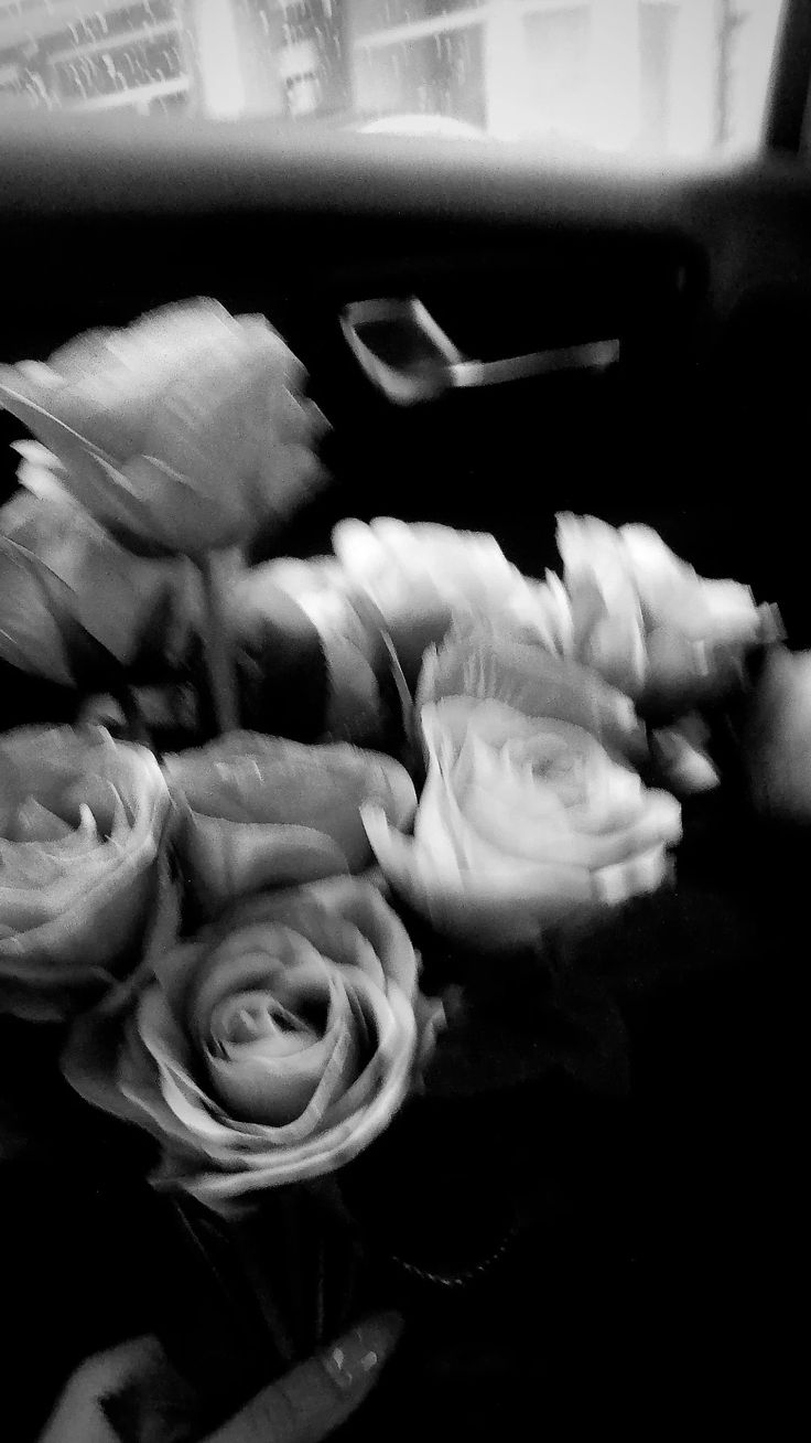 Black and white picture, roses, blurry, car, girl, boyfriend, present, aesthetic, love, happiness Silver Flowers Aesthetic, Black And White Valentines Aesthetic, 11:11 Dark Aesthetic, Flower Black And White Aesthetic, Black And White Aesthetic Car, Grey And White Pictures, Black And White Glam Aesthetic, Black And White Photography Aesthetic, Black And White Love Aesthetic