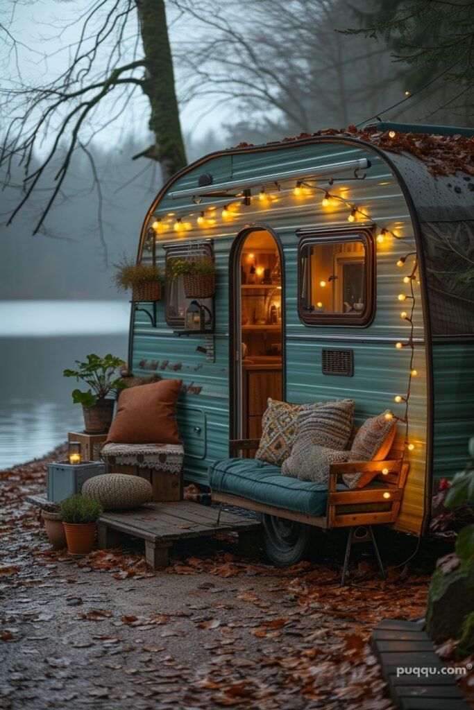 an old camper trailer is decorated with lights and pillows for the outside seating area