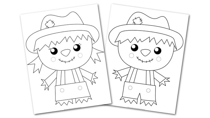 two scarecrows with hats and clothes are shown in black and white coloring pages