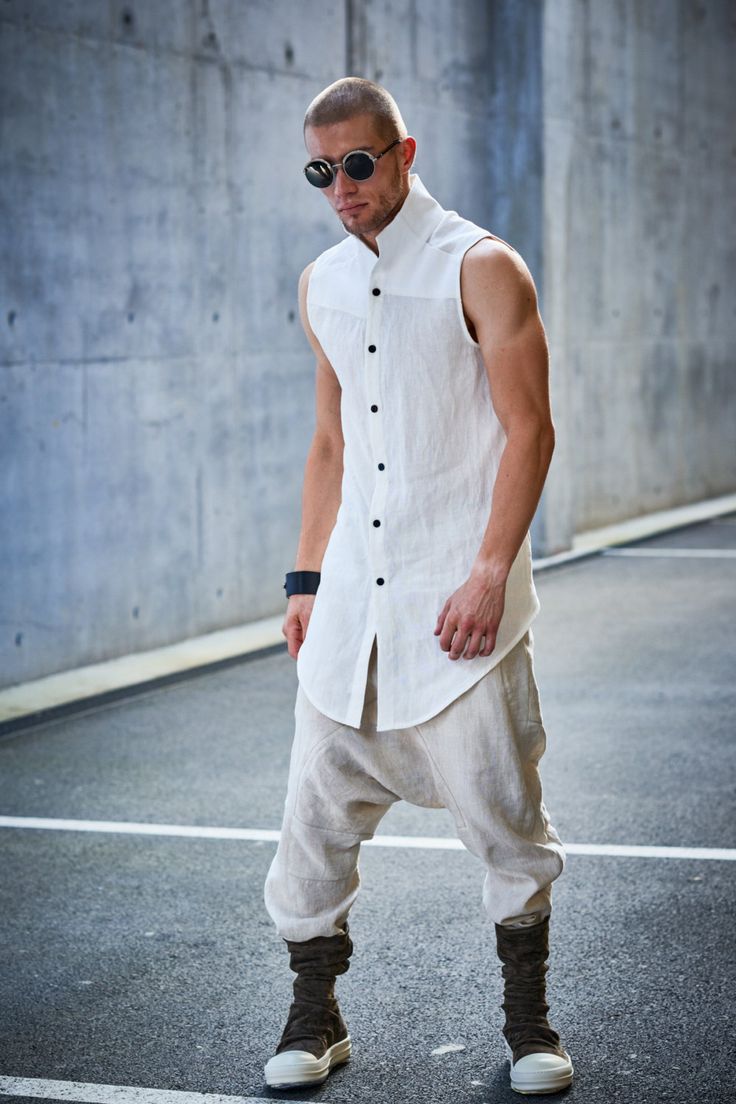 Mens Sleeveless Shirt / Off-White Asymmetrical Shirt / Urban Mens Clothes / Linen Button Down Shirt / Mens Modern Top by Powha Asymmetrical Aesthetic, Fashion Experimental, Sarouel Pants, Low Crotch Pants, Austin Fashion, Futuristic Clothing, Asymmetrical Shirt, Modern Tops, Cropped Linen Pants