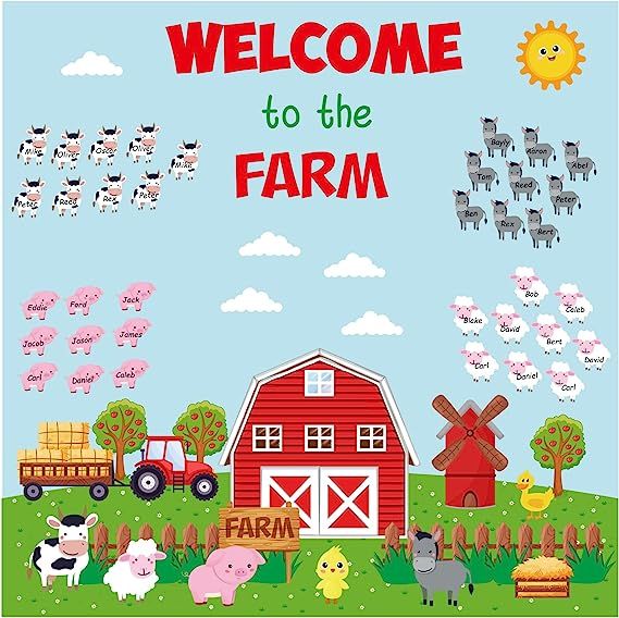 an image of farm animals and barn with the words welcome to the farm on it