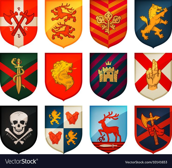 a set of nine medieval shield emblems with swords and lions stock photo - image