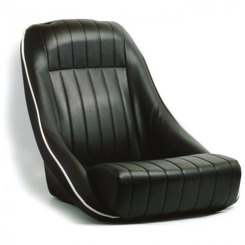 a black leather chair with white piping on the back and side stripes down the sides