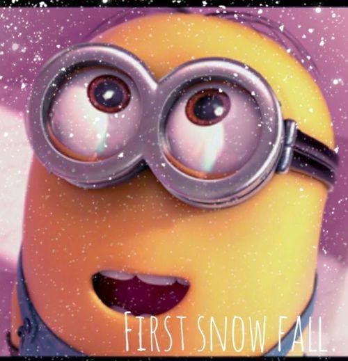 a minion with goggles and snow in the background that says first snow fall