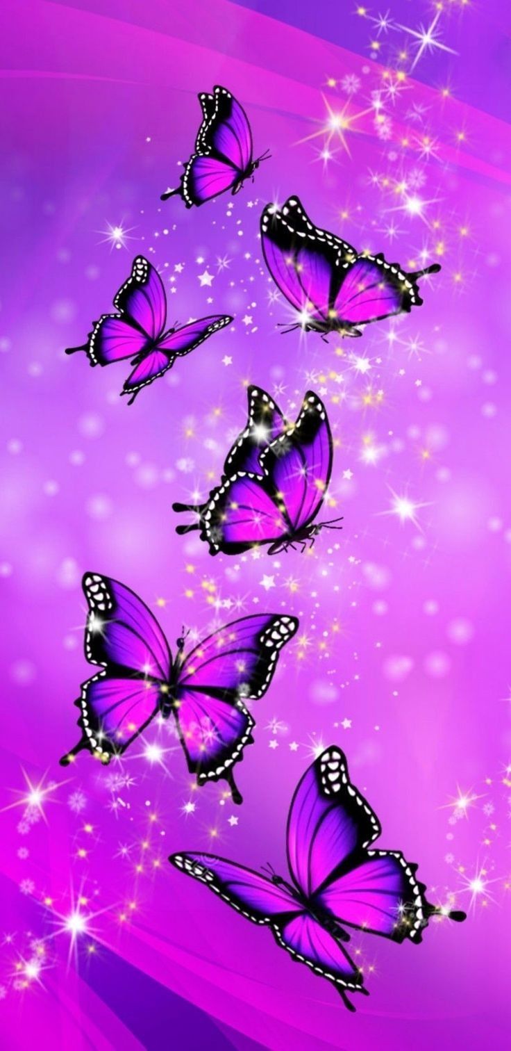 purple butterflies flying in the air with sparkles and stars around them on a pink background