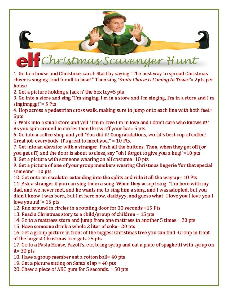 an elf christmas scavenger hunt is shown in the middle of a page with text