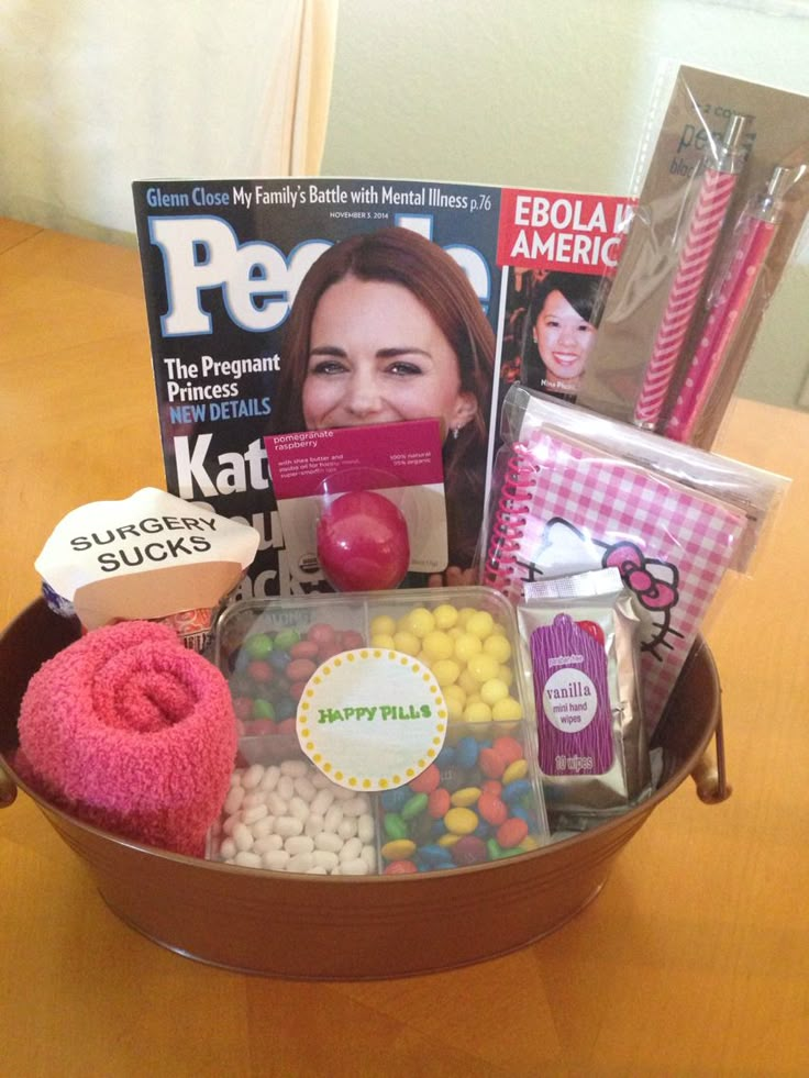 a magazine, candy and magazines in a bowl on a table with a wooden surface