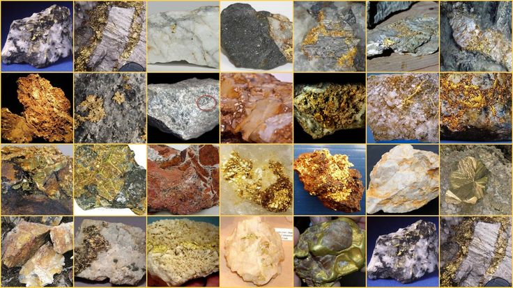 many different types of rocks are shown in this collage with yellow and black squares