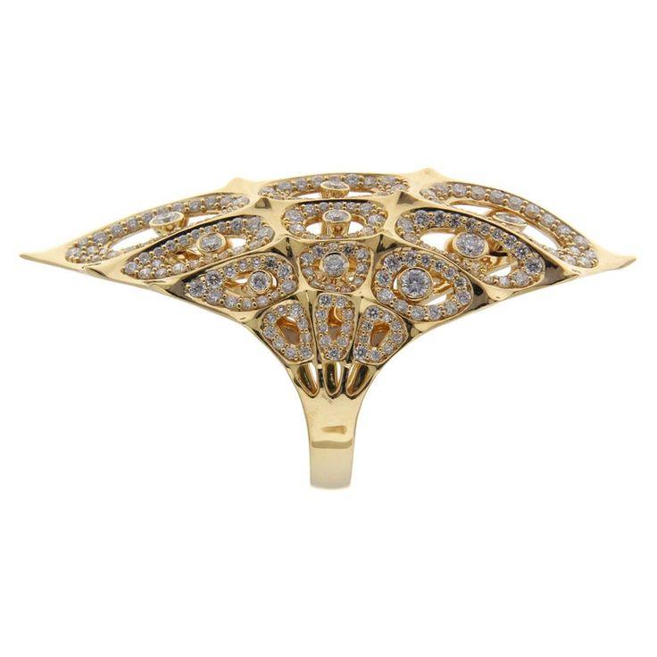 18K Gold Morphogen Shield Ring by John Brevard | From a unique collection of vintage Dome Rings at https://www.1stdibs.com/jewelry/rings/dome-rings/. Designer Yellow Gold Rings For Evening, Designer Oval Hallmarked Jewelry, Luxury Gold Diamond Ring For Formal Occasions, Art Deco Jewelry In Yellow Gold With Diamond Accents, Art Deco Yellow Gold Jewelry With Diamond Accents, Exquisite Yellow Gold Diamond Ring With 17 Jewels, Modern Yellow Gold Jewelry With Pave Setting, Luxury Gold Concave Ring, Designer Diamond Rings With Gemstones