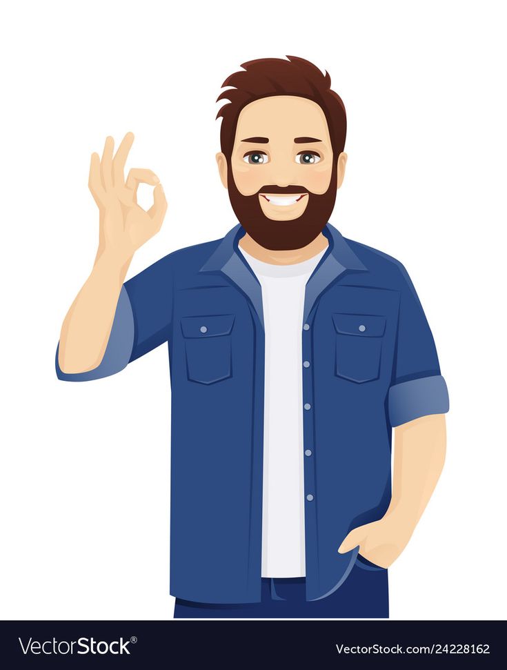 a man with a beard and blue shirt making the vulcan sign on his hand while standing in