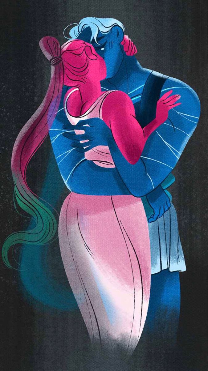 an image of a man hugging a woman with long hair and wearing a blue dress