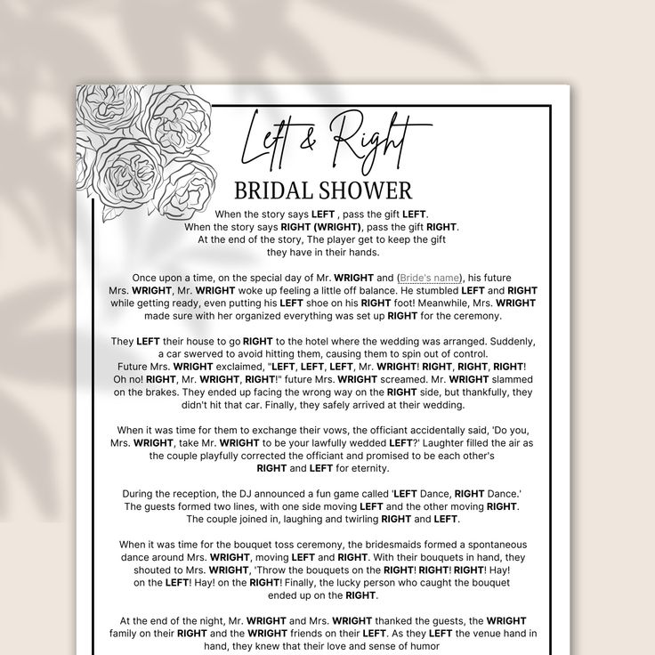 the bridal shower sign is shown in black and white, with roses on it