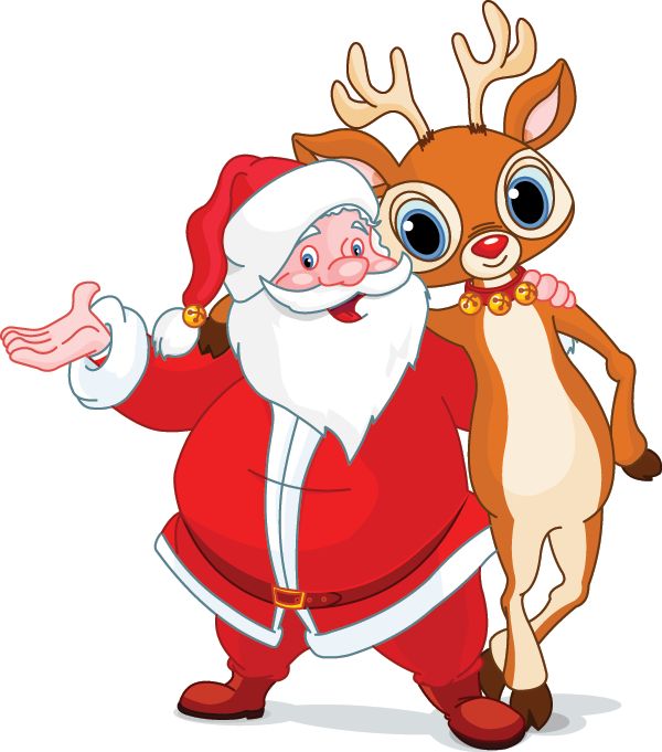 santa claus and his reindeer are standing next to each other