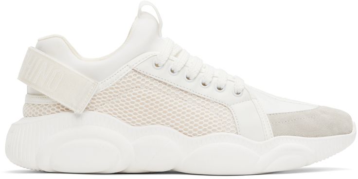 Low-top calfskin suede, mesh, and stretch jersey sneakers in white. · Reflective logo-woven trim throughout · Lace-up closure · Pull-loop at tongue · Padded sock-style collar · Logo-woven velcro strap at heel · Sculptural rubber midsole · Treaded rubber sole Supplier color: White White Mesh Sneakers With Textured Sole, White Mesh Sneakers With Contrast Sole, Mesh High-top Sneakers With Contrast Sole, Modern White Mesh Chunky Sneakers, Mesh High-top Sneakers With Textured Sole For Streetwear, Designer High-top Sneakers With Laces For Sports, White Mesh Chunky Sneakers Athleisure, White Mesh Chunky Sneakers For Athleisure, White Mesh High-top Sneakers With Perforations