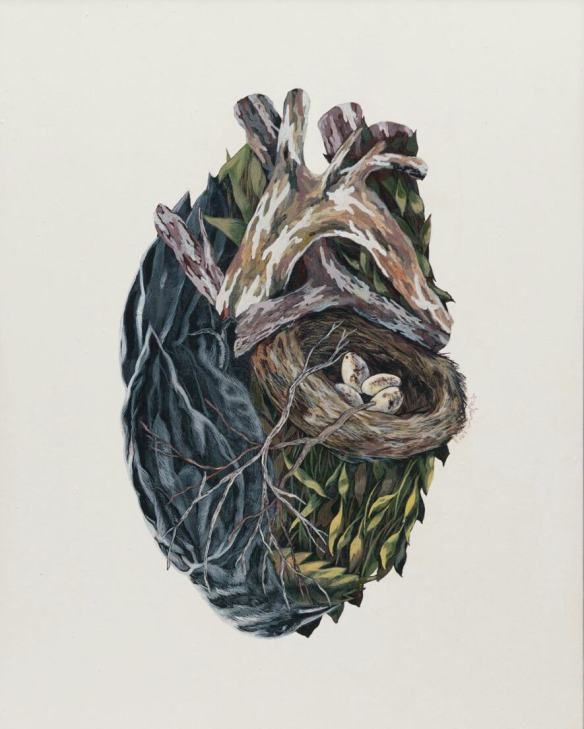 a drawing of a heart made out of branches and leaves with two birds in the nest