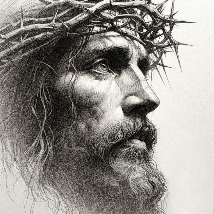 a pencil drawing of jesus with crown of thorns on his head, looking to the side