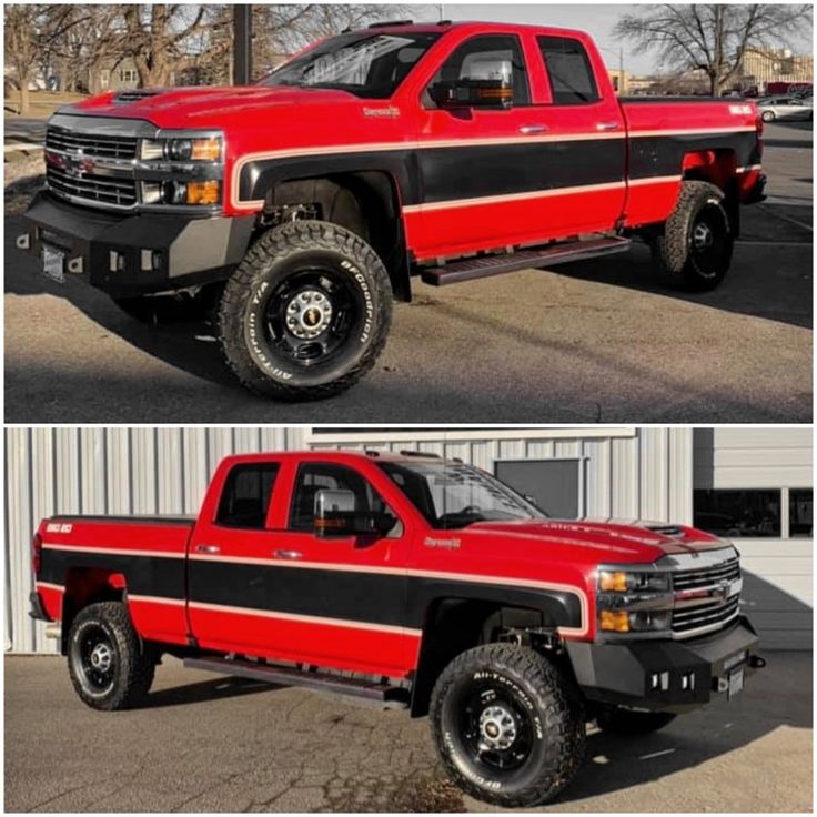 two pictures of a red and black truck