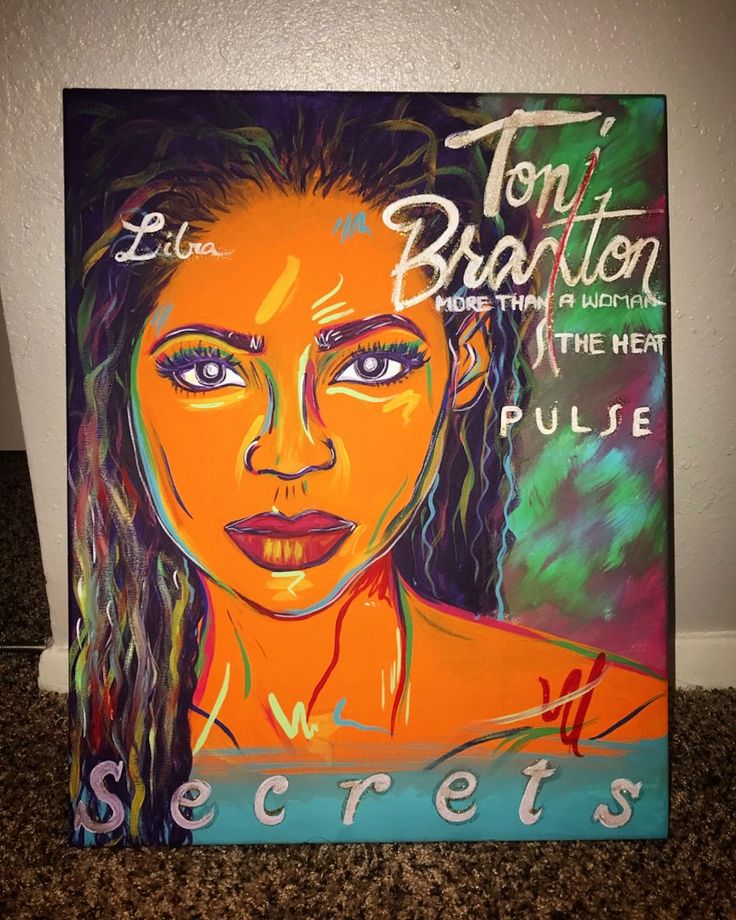 a painting of a woman's face with the words secrets written on it, in front of a white wall