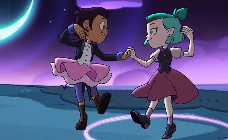 two cartoon characters are dancing in front of the moon