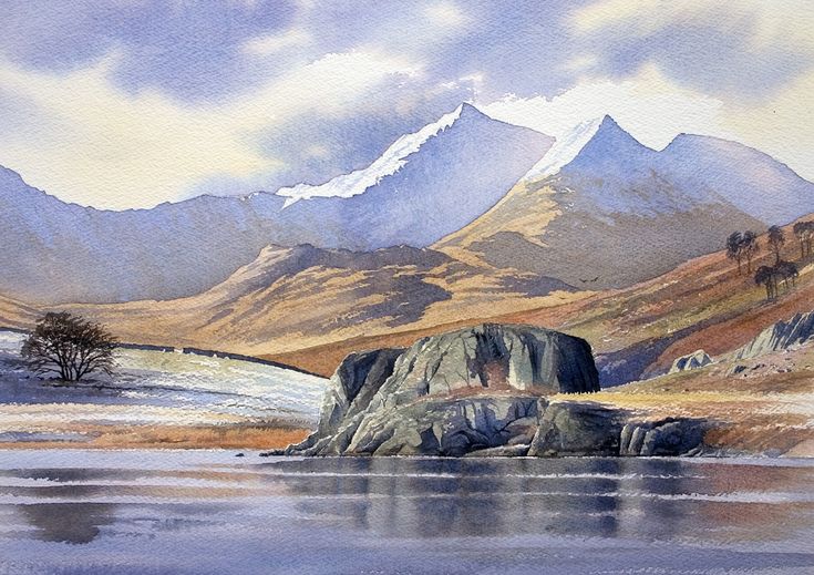 a watercolor painting of mountains and a body of water with rocks in the foreground