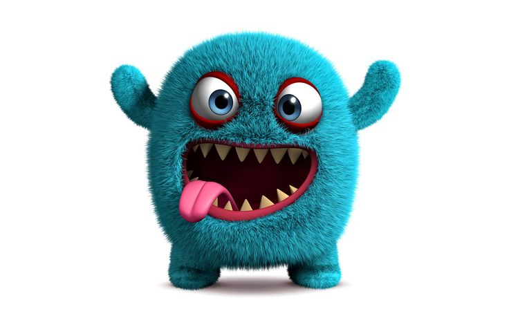 a blue monster with its mouth open and tongue out, making a funny face for the camera