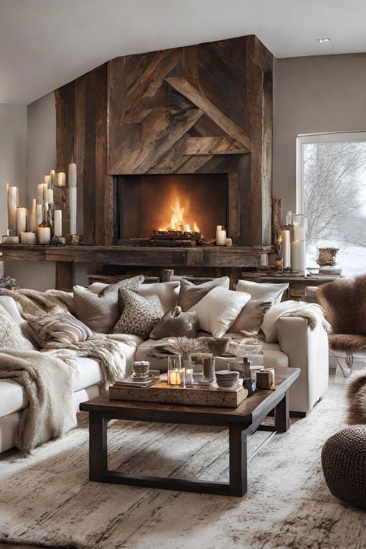 a living room filled with furniture and a fire place in the middle of the room