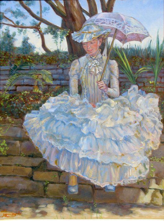 a painting of a woman in a white dress holding an umbrella while sitting on some steps