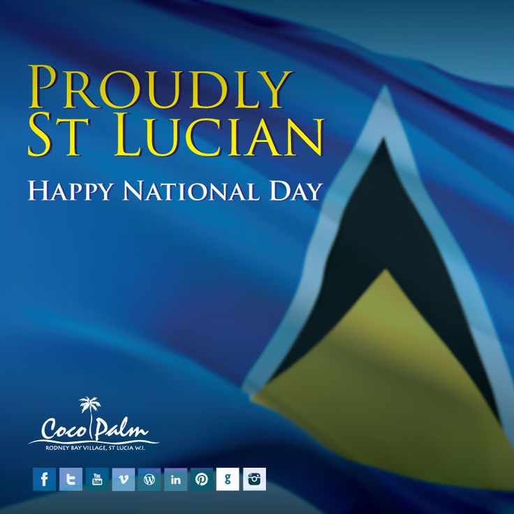 the saint lucia happy national day card is shown in front of a blue and yellow flag