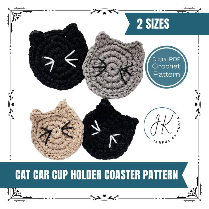 three crochet cat cup holders are shown with the words, 2 sizes and one color