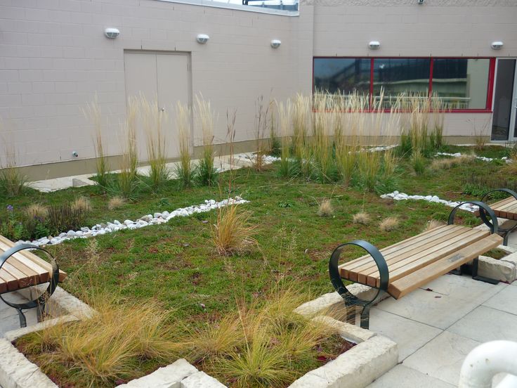 two wooden benches sitting next to each other on top of a grass covered field in front of a building