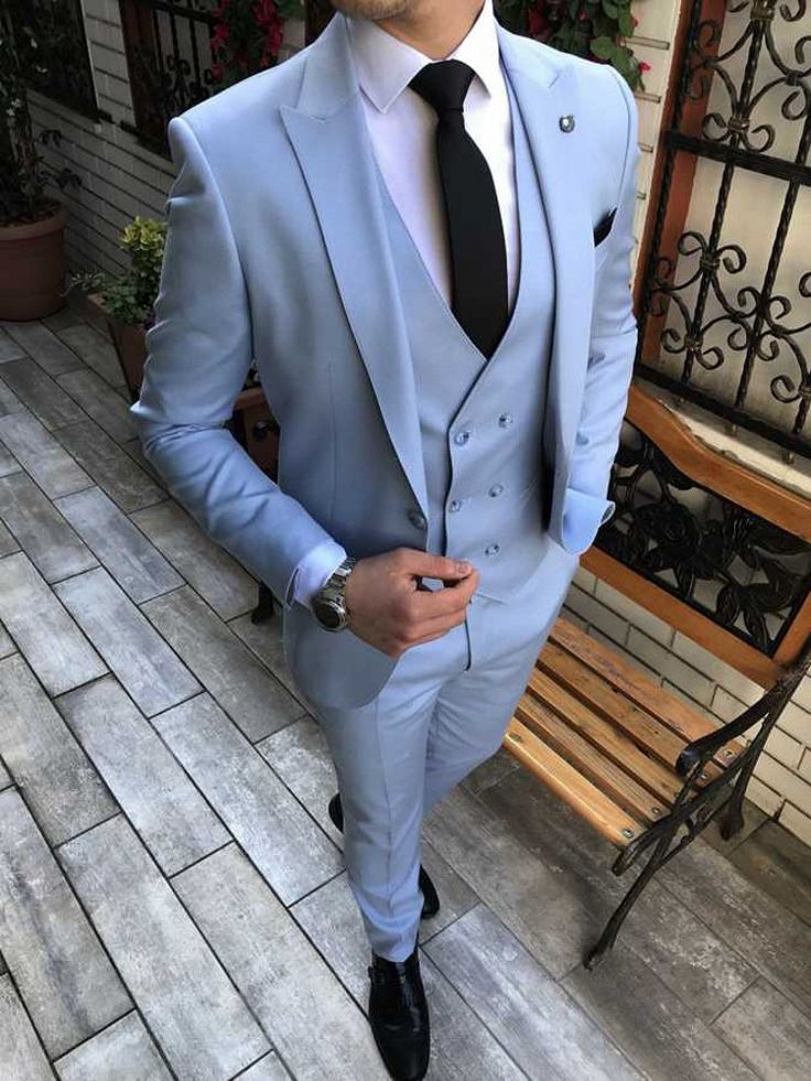 Brand New Men Suits Baby Blue Groom Tuxedos Peak Lapel Groomsmen Wedding Best Man 3 Pieces ( Jacket+Pants+Vest+Tie ) C913 Costume For Men Wedding, Best Groomsmen Outfits, Light Blue Suits For Men, Suits For Men Prom, Elegant Light Blue Suit For Groom, Men’s Light Blue Suit, Elegant Light Blue Fitted Tuxedo, Luxury Light Blue Fitted Suit, Elegant Light Blue Three-piece Suit For Formal Occasions