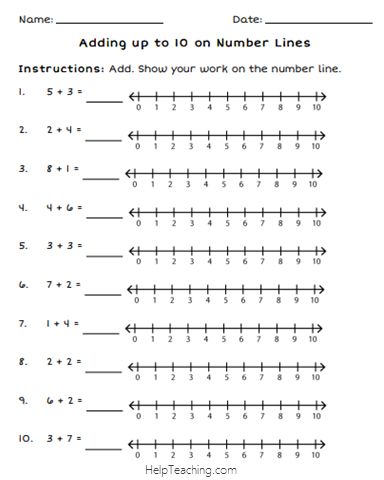 the number line worksheet for adding up to 10 on number lines