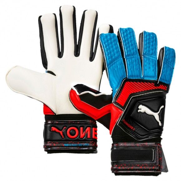 a pair of white and blue gloves with black trims on the palm, one red and