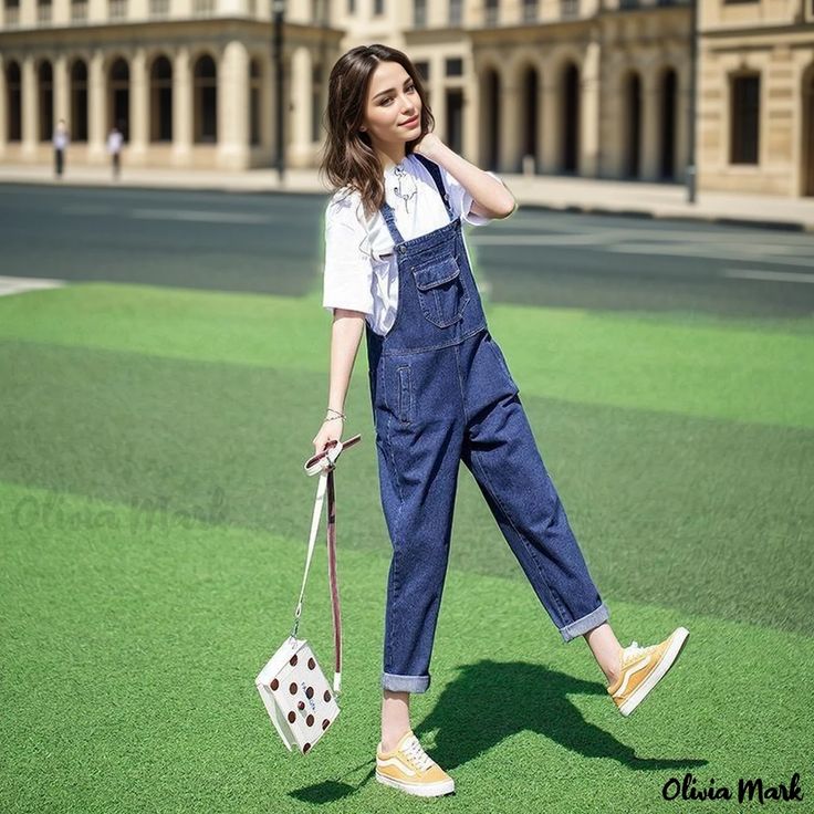 Olivia Mark - Loose-Fit Denim Overalls: Classic Suspender Style Nine-Quarter Pants Casual Straight Leg Denim Jumpsuit With Pockets, Spring Straight Leg Denim Jumpsuit With Pockets, Workwear Spring Overall Jeans, Spring Workwear Jeans Overall, Casual Baggy Straight Leg Overalls, Casual Spring Jeans Overalls, Baggy Straight Leg Spring Overalls, Casual Straight Leg Denim Blue Overalls, Casual Denim Blue Jean Overalls