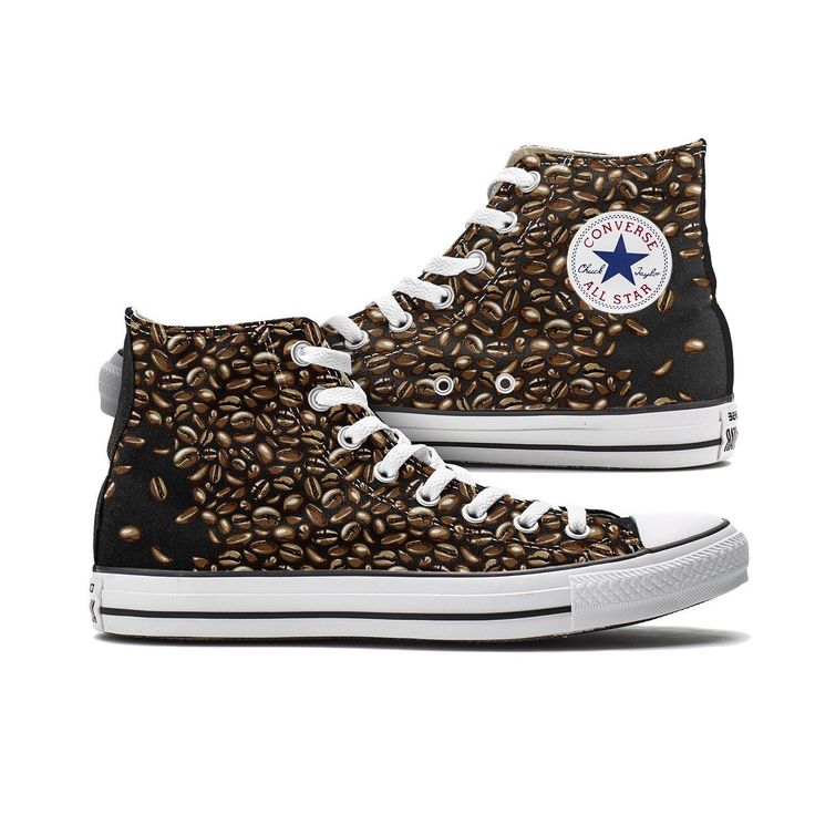 These Coffee Bean Converse High Top Chucks are made to order especially for you and feature coffee beans scattered on both the inside and outside panels of each black shoe. Please note, each pair is c Pngs Clothes, Custom Chucks, Cool Converse, Everday Style, High Top Chucks, Converse High Top, High Tops Sneakers, Painted Sneakers, Awesome Shoes