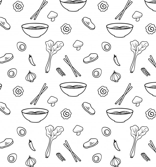 black and white illustration of food items on a white background, including carrots, onions, mushrooms, garlic