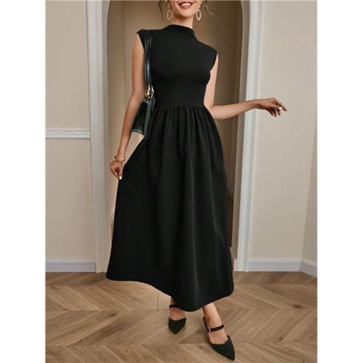 Introducing The Epitome Of Effortless Chic: Our Black A-Line Stand Collar Maxi Dress, A Versatile Wardrobe Staple That Seamlessly Combines Style And Comfort For Every Occasion. Crafted From Lightweight Fabric, This Dress Drapes Beautifully, Offering A Silhouette That Is Both Flattering And Comfortable. The A-Line Cut Flows Gracefully From A High Waistline, Accentuating Your Figure While Providing Ease Of Movement. The Stand Collar Neckline Adds A Touch Of Sophistication, While The Sleeveless Des Black Sleeveless Solid Midi Dress, Solid Non-stretch Sleeveless Midi Dress, Fitted Black Sleeveless Dress, Sleeveless Solid Color Midi Dress For Work, Black High-neck Sleeveless Dress For Spring, Black High Neck Sleeveless Dress For Spring, Spring Black Sleeveless High Neck Dress, High Neck Black Sleeveless Dress For Spring, Sleeveless Black Midi Dress