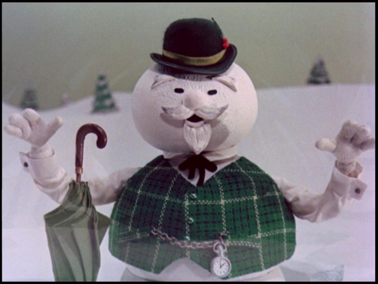 a snowman holding an umbrella and wearing a green plaid outfit with black hat, standing in the snow