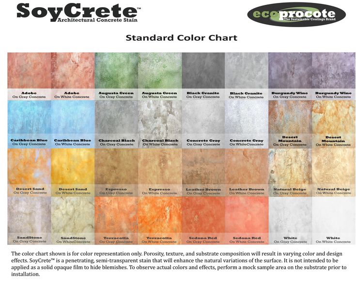 the color chart for soycrete's standard colors is shown in this article