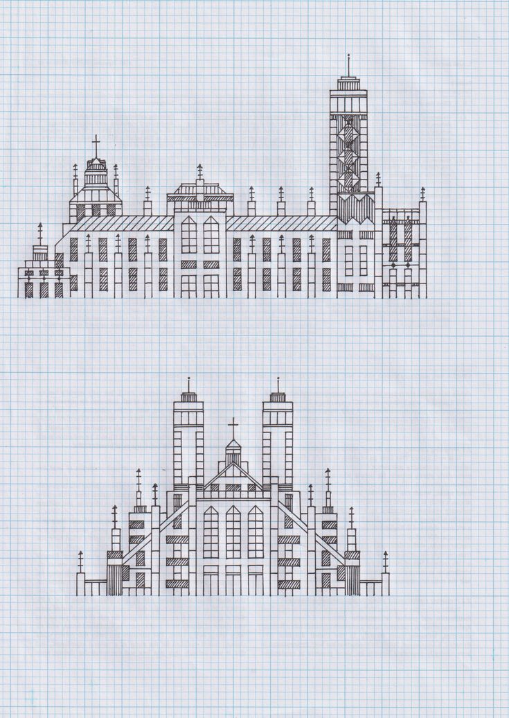 two drawings of buildings with clocks on each one side and the other half drawn in graph paper