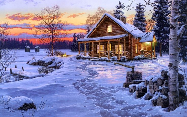 a painting of a log cabin in the snow at sunset with trees and rocks around it