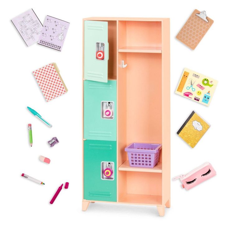 a pink and green toy locker next to stationery items on a white background with clippings