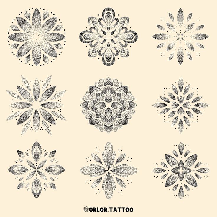 six different flower designs in black and white on a beige background, each with dots