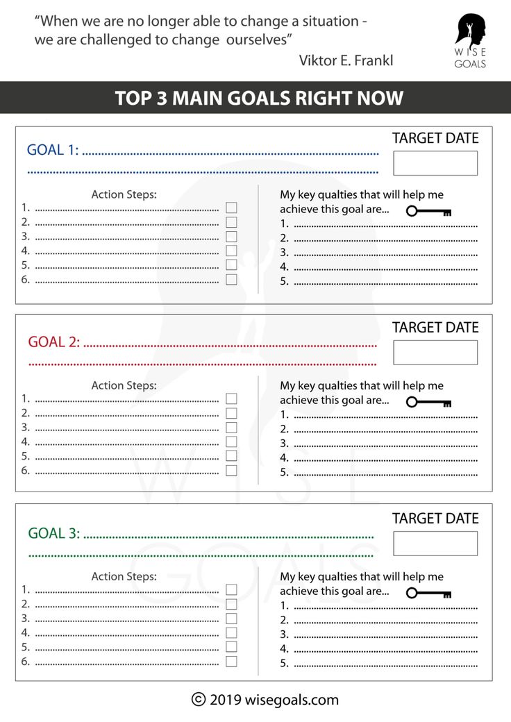 a goal sheet with the words top 3 main goals right now and target dates below