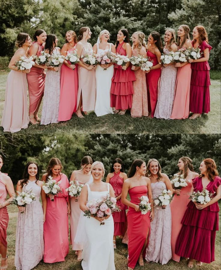 the bride and her bridal party are posing for pictures in their wedding gowns