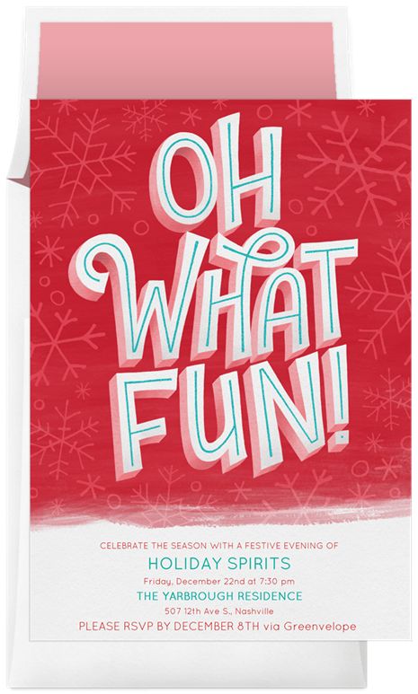 a red and white holiday party card with the words oh what fun on it's front