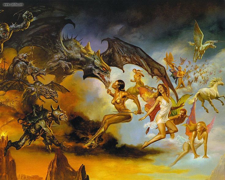 an image of a painting with people and animals in the sky above them, all surrounded by demons