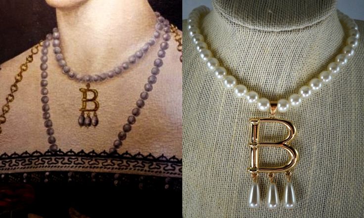 Anne Boleyn's "B" Necklace - Real/Portrait (left) and mine (right). Real Portrait, B Necklace, Medieval Girl, Jewelry Template, Tudor Era, Anne Boleyn, Royal Jewels, European History, Versailles